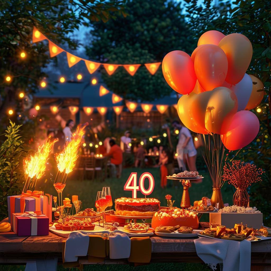 An image of a 40th birthday party with torches in the garden, balloons and banners with the number 40, delicious food and Aperol Spritz drinks, too ma